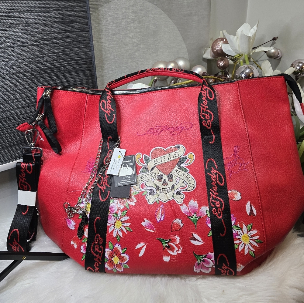 Ed Hardy Large Weekender Faux Leather Bag in Red- Love Kills Slowly New